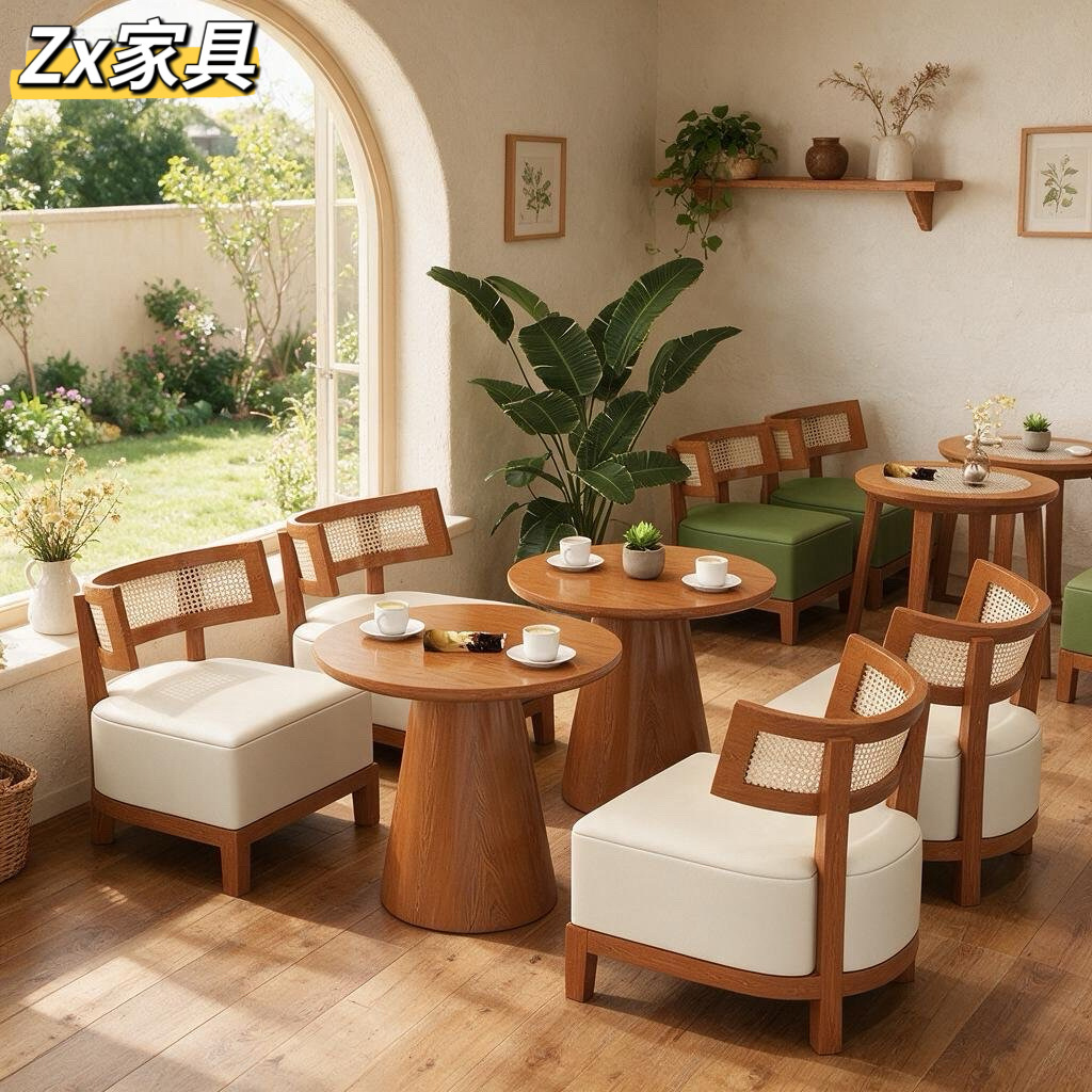 Woven rattan solid wood leather art chair designer tea shop dessert shop leisure table and chair coffee shop meeting table and chair set