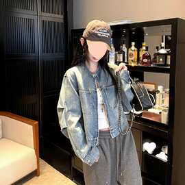 复古短款蓝色牛仔外套女春季新款超火流行时尚韩系设计感上衣夹克