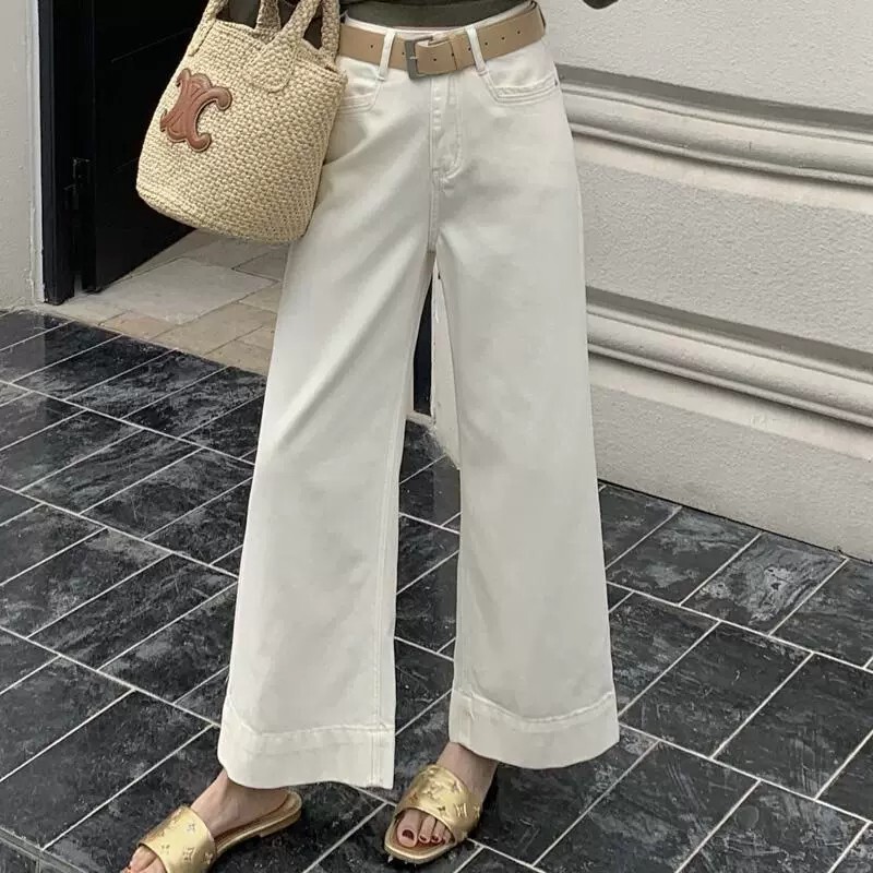 Off-White High-Waisted Wide-Leg Jeans for Women 2025 New Spring and Autum mm Straight Loose Slimming Look Nine-Point Flared Pants
