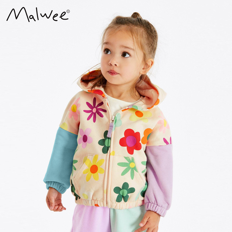 In stock: Malwee girls' autumn coat, new European and American style casual zip-up hooded children's top for toddlers and preschoolers.
