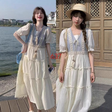 裙子女2024夏季新款假两件森系收腰遮肉显瘦甜美短袖茶歇连衣裙