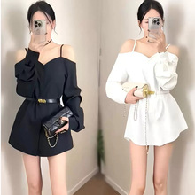 韩版一字肩吊带休闲长袖衬衫女装2025年早春新款高级感中长款衬衫