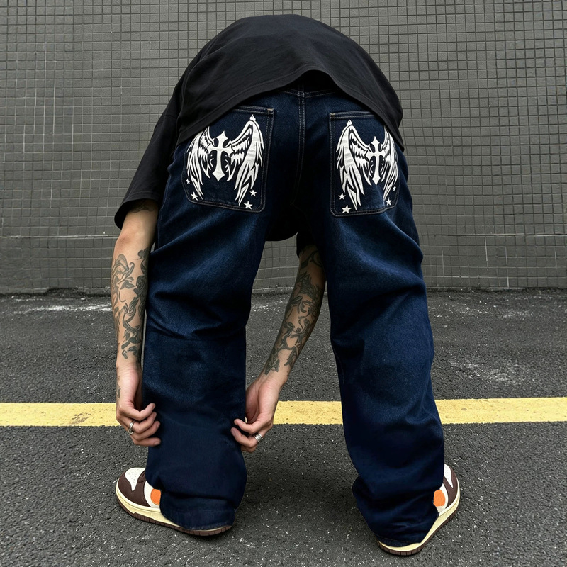 Cross-Border Men's Denim Jeans, Denim Blue, Low-Waist, Trendy Men's Wing Print Straight-Leg Pants, Street Style Youth Straight-Leg Long Pants