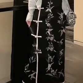 3366新中式国风复古黑色印花高腰显瘦a字半身裙女夏季设计感长裙