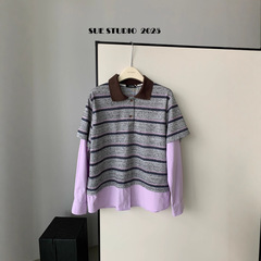 SUE十三行韩女穿搭休闲时髦拼接卫衣秋季新款条纹假两件上衣97021