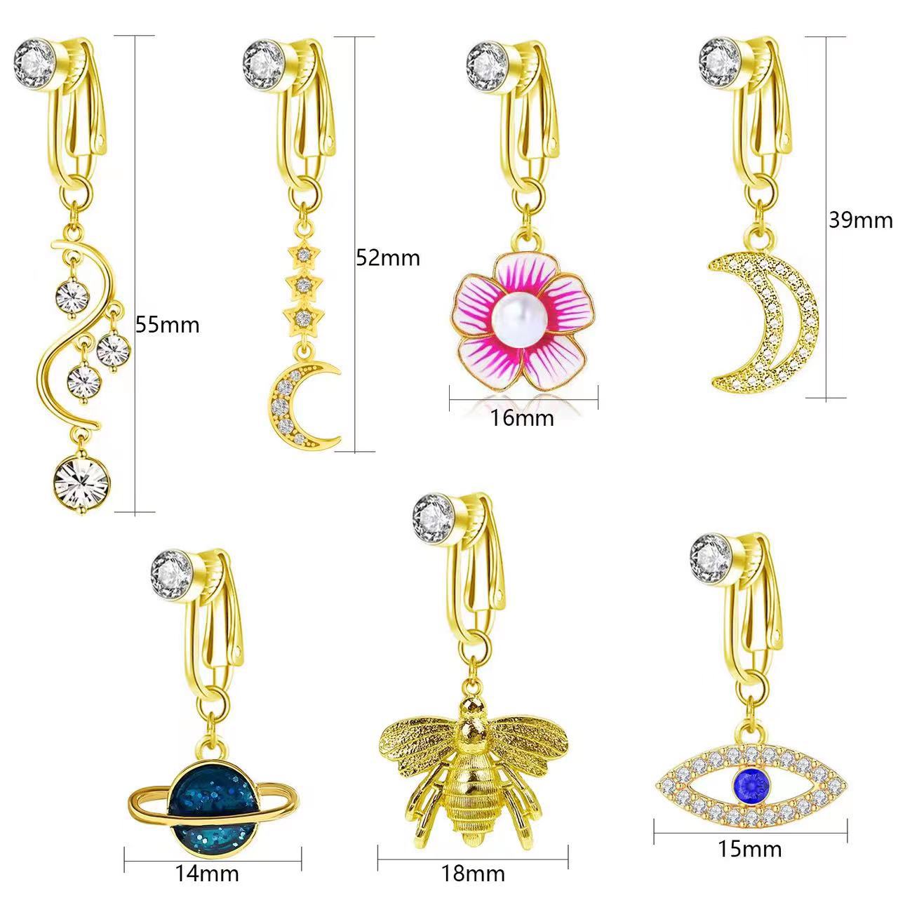 No-piercing Moon Flower And Bee Belly Button Clip With Crystals_voghion.com