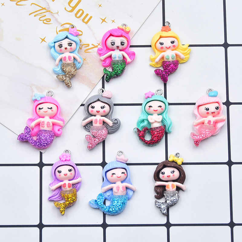 Colorful resin simulation Cartoon Doll glitter mermaid girl pendant keychain pendant DIY jewelry accessories