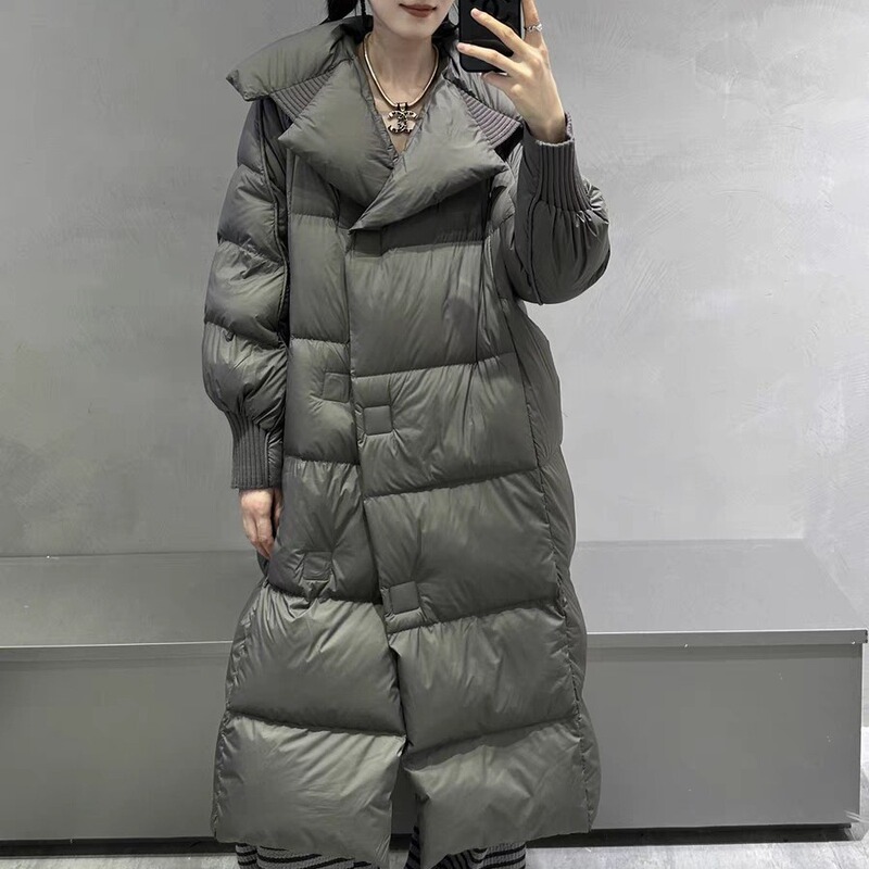 European Warm Quilted White Duck down Jacket for Women 2024 Winter New Mid-Length Over-The-Knee Loose Thickeneded Jacket