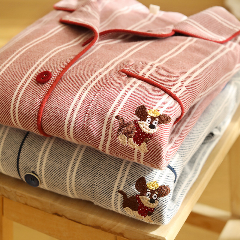 加工链接秋季新品全棉条纹情侣长袖长裤刺绣睡衣家居服情侣套装日