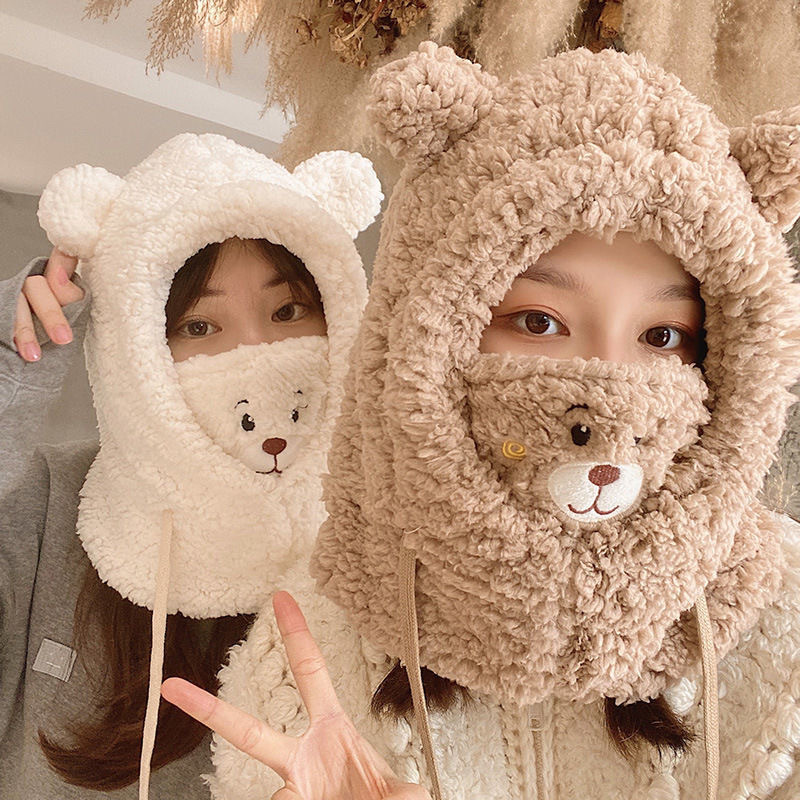 冬季可爱小熊围巾帽子保暖一体帽学生羊羔毛韩版女帽口罩毛绒帽