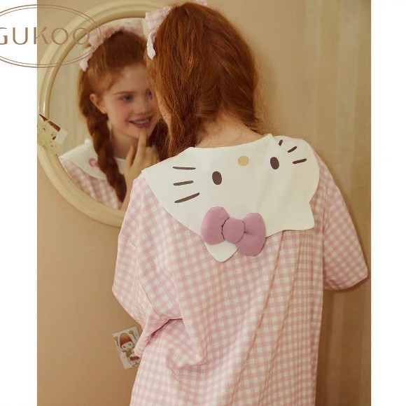 源工場の果物の眠りのスカートの夏の海軍の襟のピンクの白いシリーズのkittyの新型の甘い美人の家の服の眠りのスカート|undefined