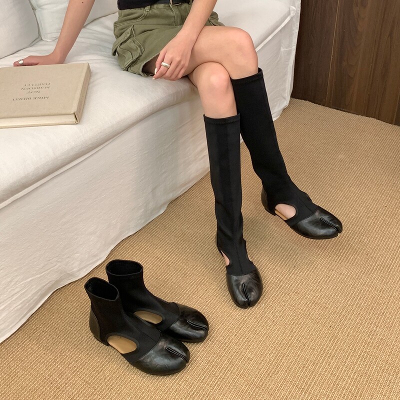 [in Stock] Miss Valunen Fake Pig Hoof Split-Toe Shoes Elastic Slimming Boots Unique Design Boots for Women