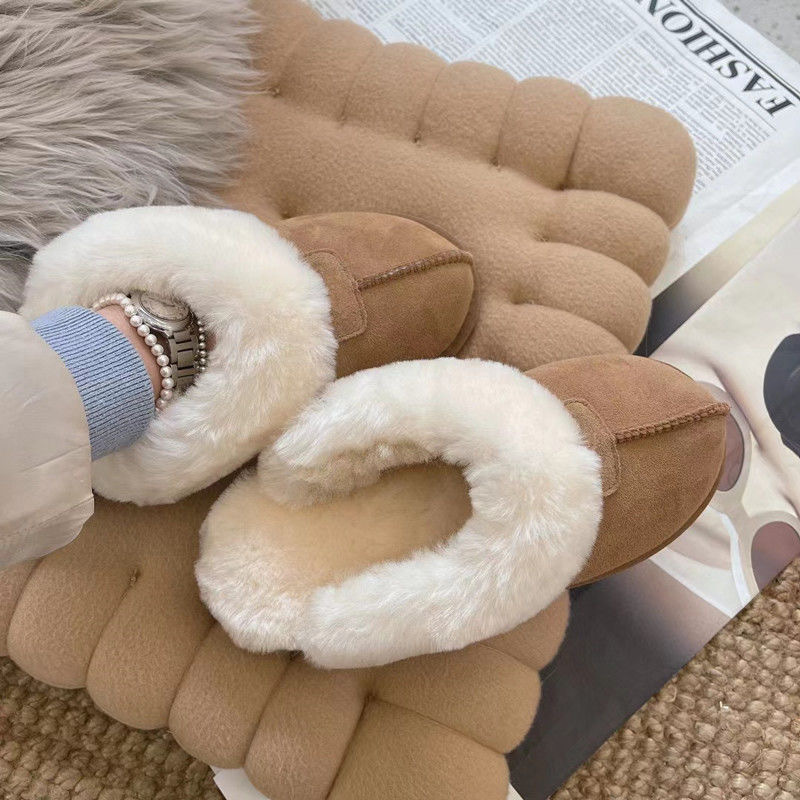 Qian Songyi Style Slippers for Women, Made of Cowhide and Wool, Warm Indoor and Outdoor Closed-Toe Women's Shoes, Non-Slip Genuine Leather Cotton Shoes