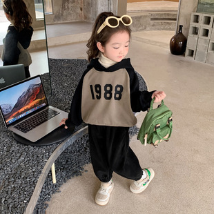 Cross-Border Ins Popular Children's Clothing [One-Piece Fleece] Color-Blocked Thickened Children's Suit Winter Hooded Sweatshirt Two-Piece