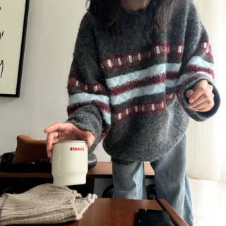 复古费尔岛提花圆领毛衣女26秋冬新款慵懒宽松显瘦百搭撞色针织衫