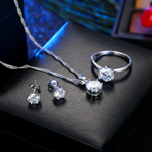 European and American cross-border minimalist claw set diamond necklace for women, elegant and versatile necklace earring wedding ring set