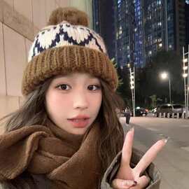 帽子女费尔岛秋冬提花加厚保暖针织帽护耳防寒冷帽显脸小毛线帽