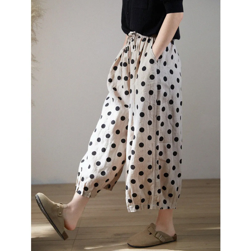 Trendy Youthful Polka Dot Cotton-Linen Harem Pants Summer New Versatile Loose-Fitting Cropped Casual Pants with Elastic Waist for Women