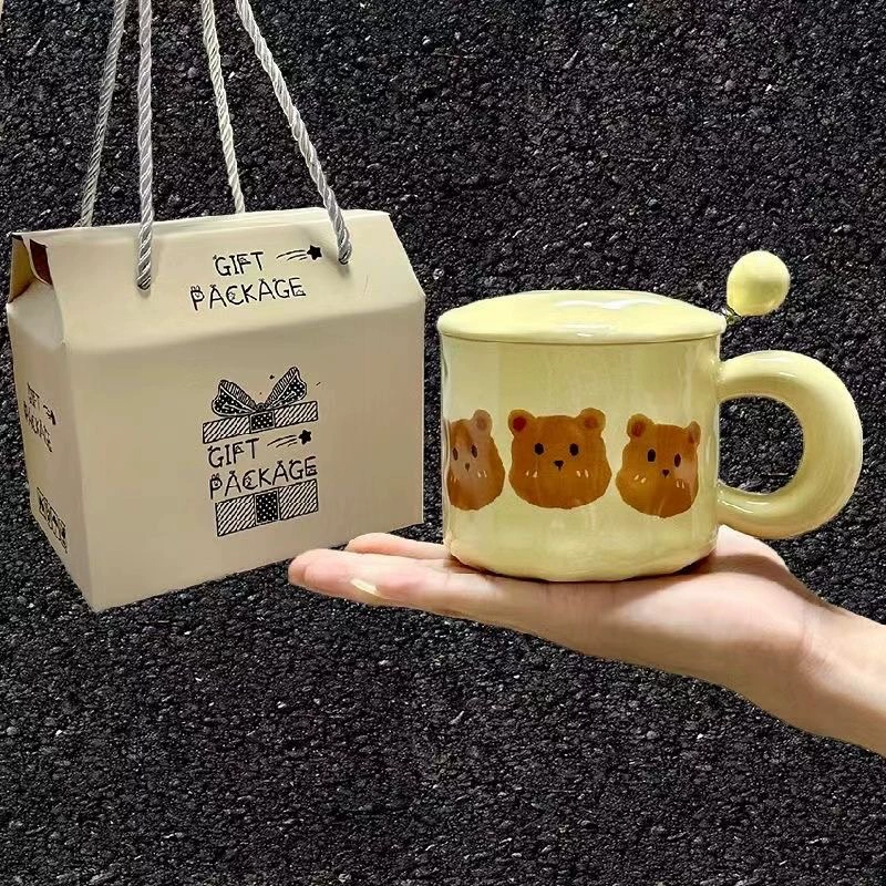 Керамическая чайная чашка, кремовый французский стиль с медвежатами, 401–500 мл, варианты подарочной крышки/ложечки