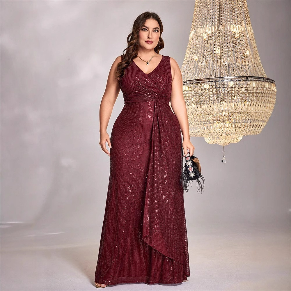 Cross-border New plus size Fat Woman's Dress European and American Cross-border Hot-selling Long-sleeved V-neck Fishtail Evening Dress for dress Women