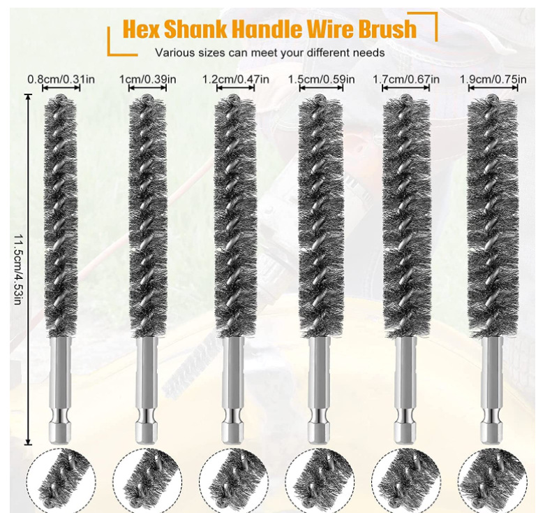 6件装不锈钢长毛刷套装清洁工具套装多功能管道疏通清洗钢丝刷