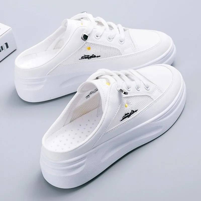 Thick-Soled Versatile Shoes, Half-Slippers for Women, Breathable White Shoes for Spring and Summer, Lightweight Flat Breathable Shoes for Women