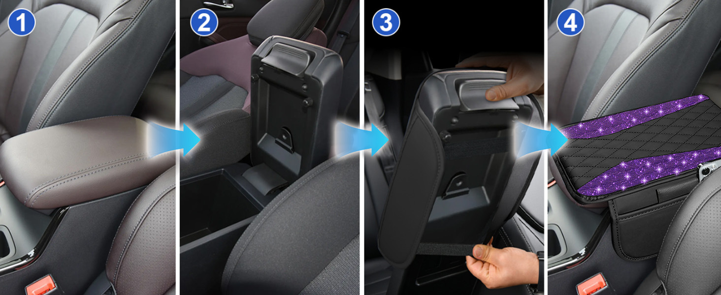 Manufacturer Shiny Diamond Car Armrest Box Pad Crystal Rhinestone with Side Pocket Interior Central Leather Elbow Protector Cover