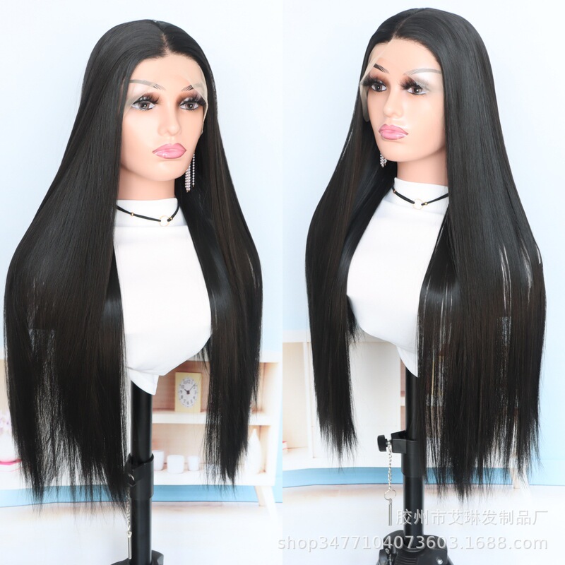 European and American Wigs, Colored Black Long Straight Hair, Women's Front Lace, Medium-Differentiated Chemical Fiber Hair Sets, Cross-Border Manufacturers in Stock