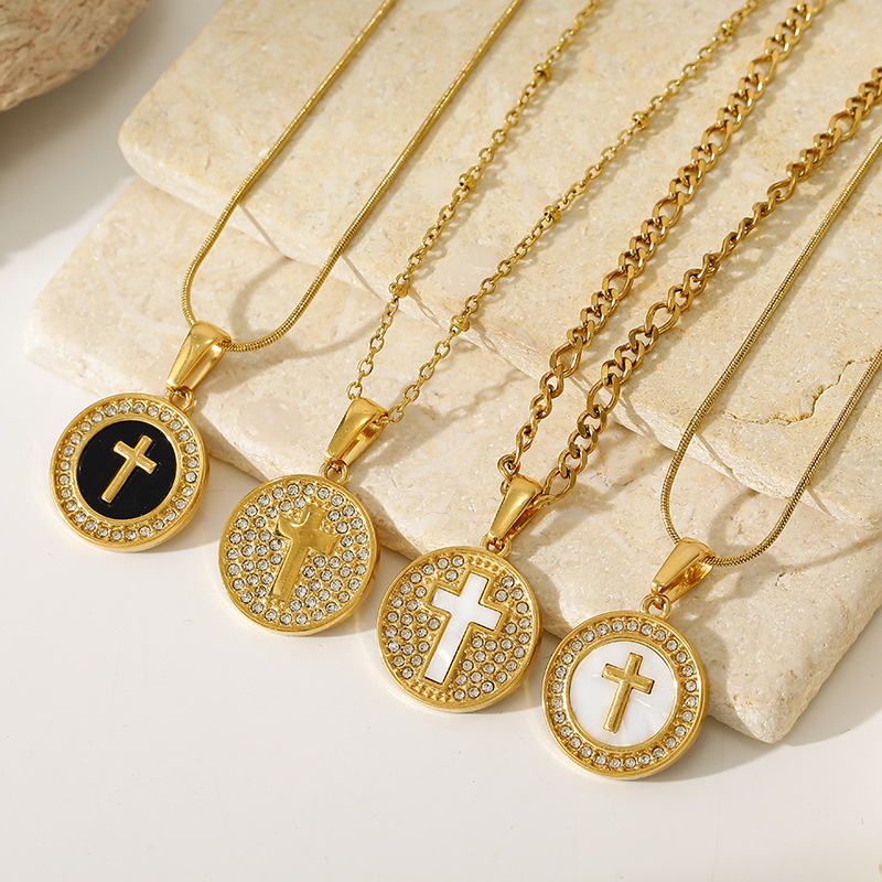 European and American New Style White Mother-Of-Pearl Necklace with Black Enamel and Diamond-Encrusted Cross Round Pendant, Stainless Steel K Gold Plated Clavicle Chain