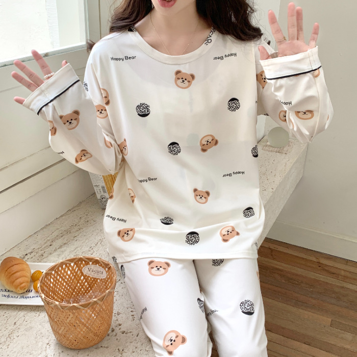 Estilo simple japonés pijamas chica de algodón-como cuello redondo de manga larga de otoño e invierno con almohadilla en el pecho dulce Winnie the Pooh traje de desgaste para el hogar