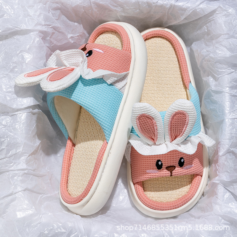 Zapatillas de lino para las mujeres primavera y otoño cuatro estaciones transpirable sudor-absorbente grueso inferior desgaste al aire libre hogar antideslizante mudo lindo conejo de dibujos animados