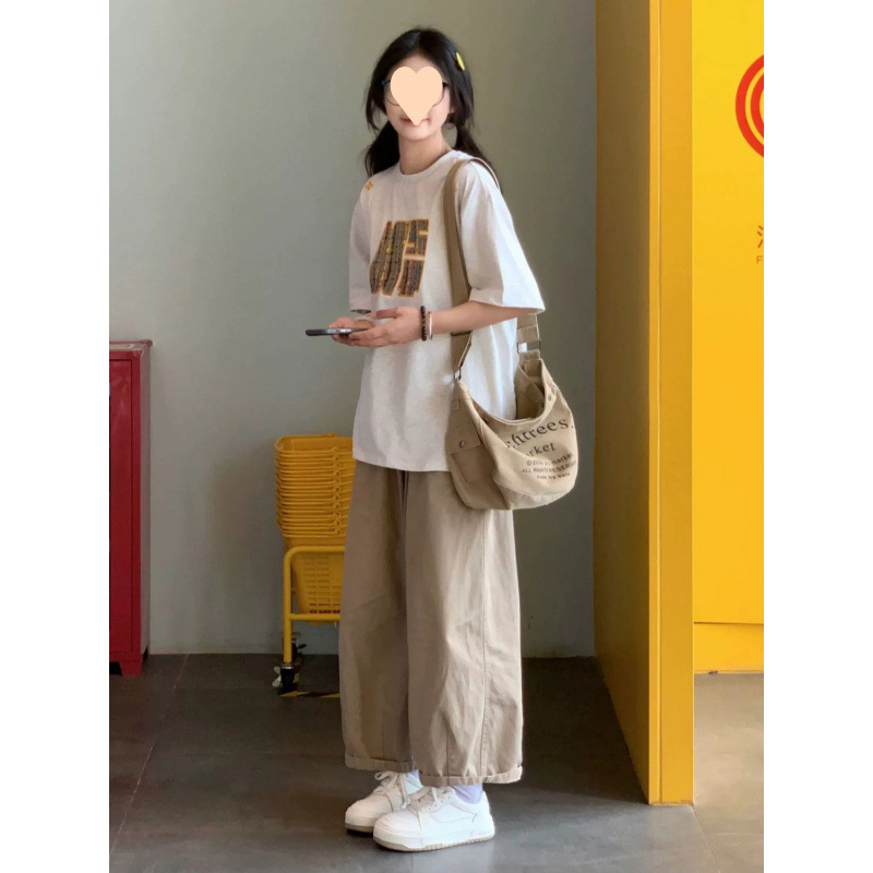 カーキ色のズボンのワイドパンツの女性2025の新型の夏のハイウエストの垂直感はやせています。|undefined