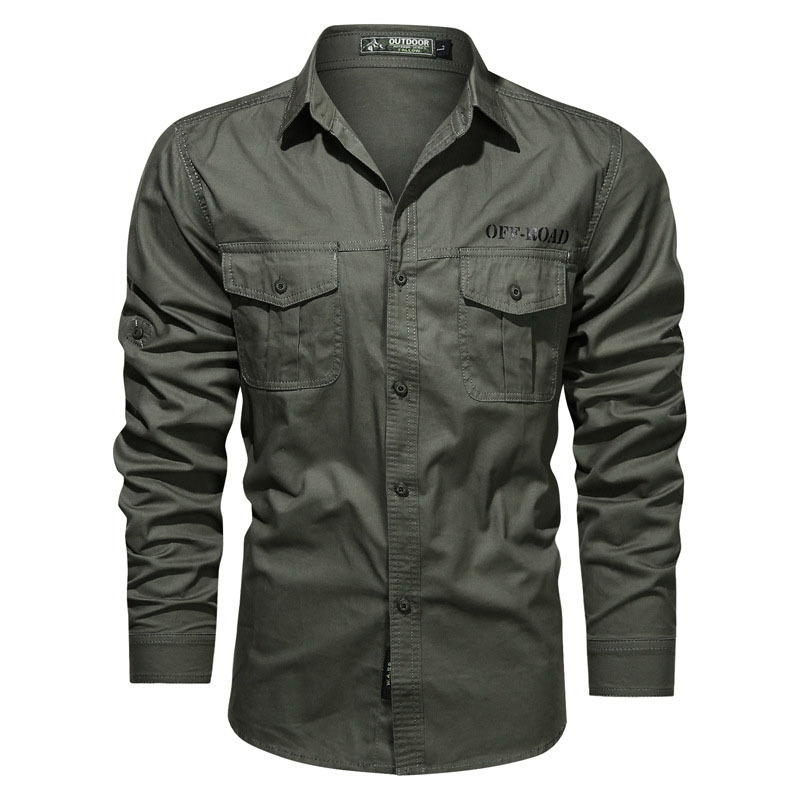 Camisa táctica de manga larga para hombre transfronteriza otoño camisa de ropa de trabajo de color sólido camisa de cuello de soporte militar casual de mediana edad al por mayor
