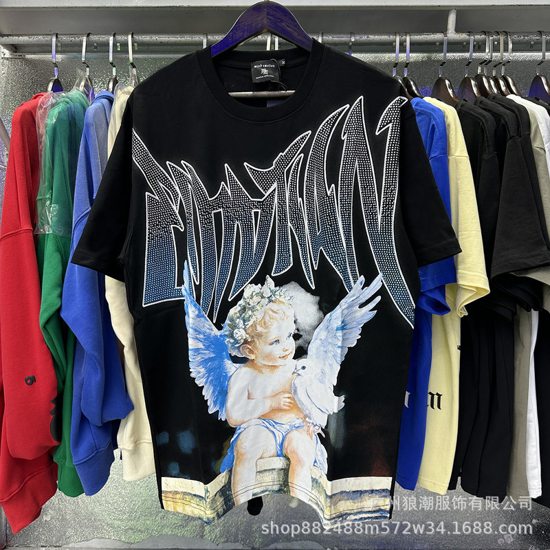 MIXED EMOTION レトロホットダイヤモンドプリントロゴ美しいトレンディなラウンドネックルーズカジュアル半袖Tシャツ男性と女性用|undefined