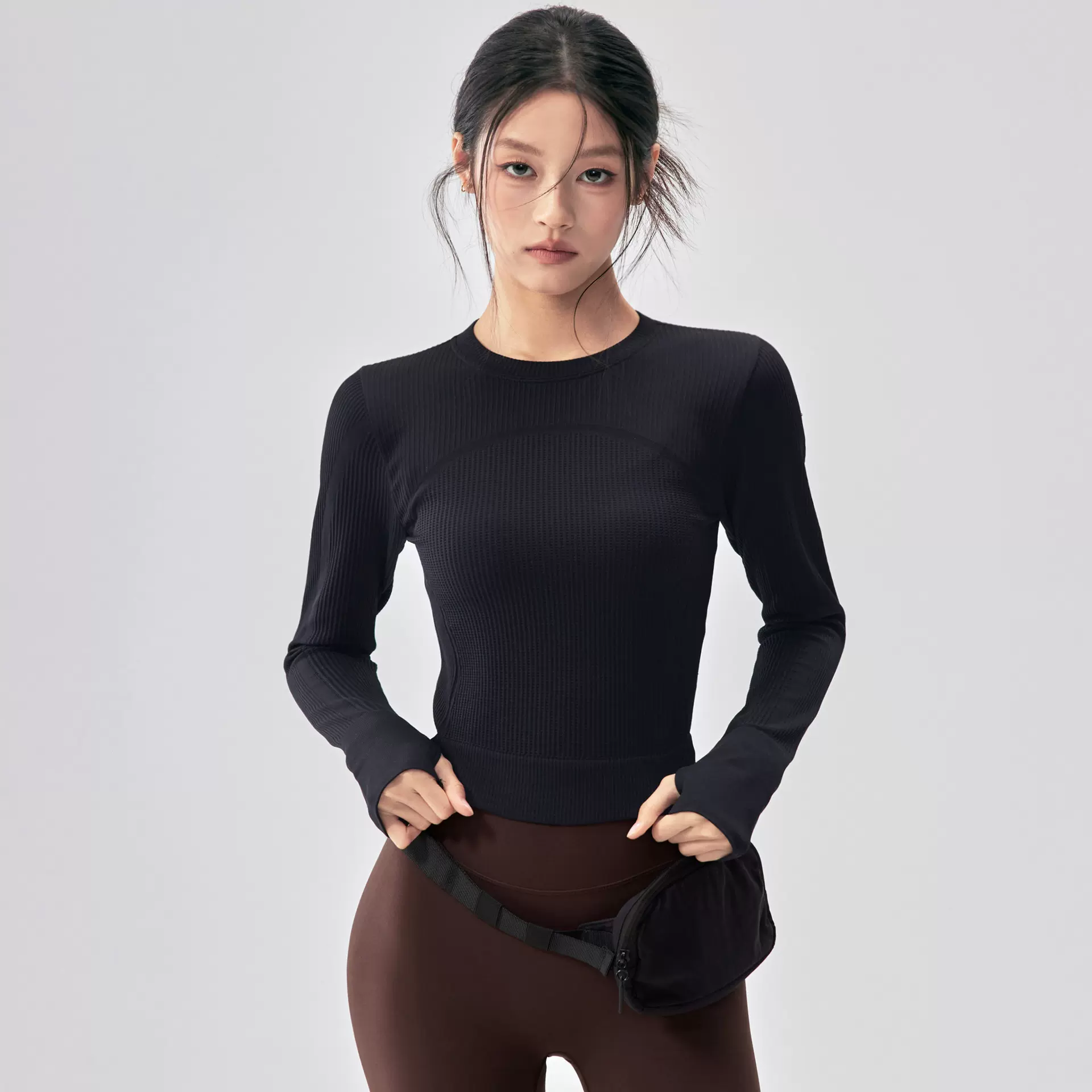 新款瑜伽上衣健身服女长袖运动背心修身速干瑜伽服户外华夫格紧身