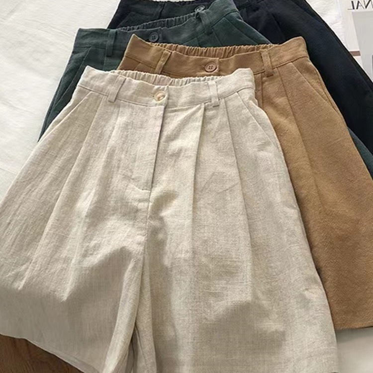 Japanese Retro Cotton and Linen Shorts for Women, Summer High-Waisted, Petite, Thin Linen Wide-Leg Casual A-Line Five-Point Pants