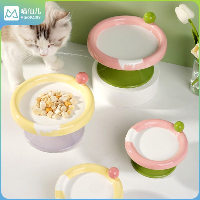 Ceramic Cat Bowl Anti-black Chin Large Diameter Cat Food Bowl Dog Bowl Cute Drinking Bowl Anti-knock Neck Pet Supplies