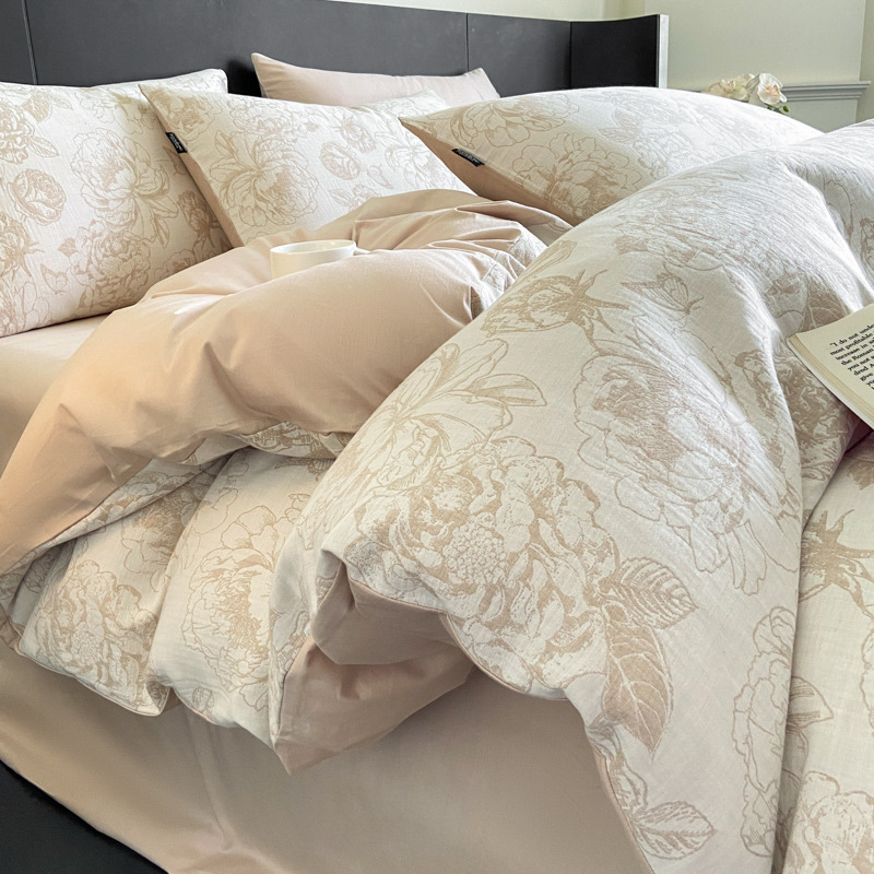 Cama de hilo de doble capa de cuatro piezas de algodón puro 100 funda de edredón de algodón grueso de tres piezas de sábanas de dormitorio 2025 nuevo 3