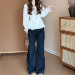 大码衬衫收腰显瘦长袖衬衫2025年宽松版上衣女款遮肚子小衫