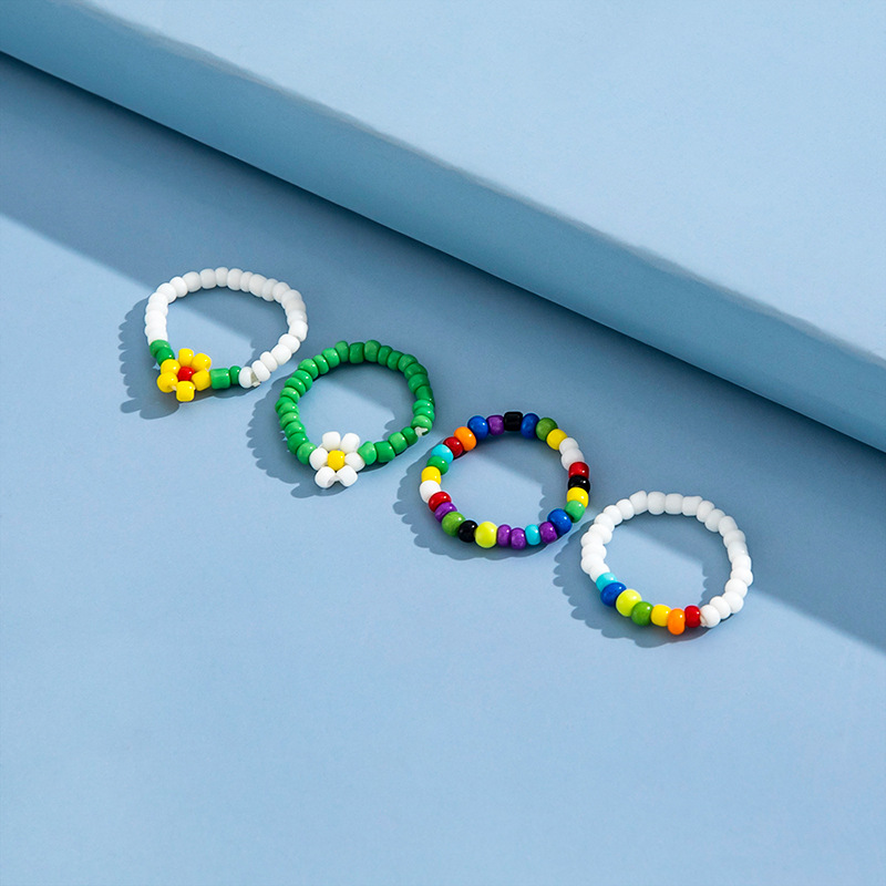 New Arrival Beach Series Colorful Bead Small Flower Elastic Toe Ring 4-piece Set display picture 2