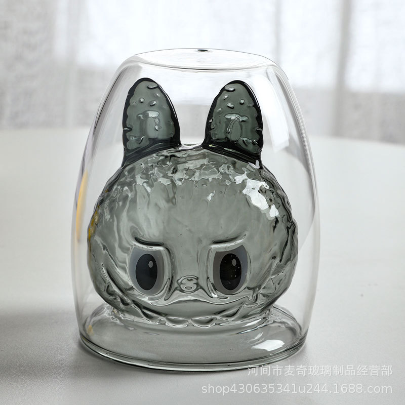 ラブブ二重ガラスカップ、トレンドのラブブキャラクター風ウォーターカップ、クリエイティブなコーヒーカップ、二重構造カップ|undefined