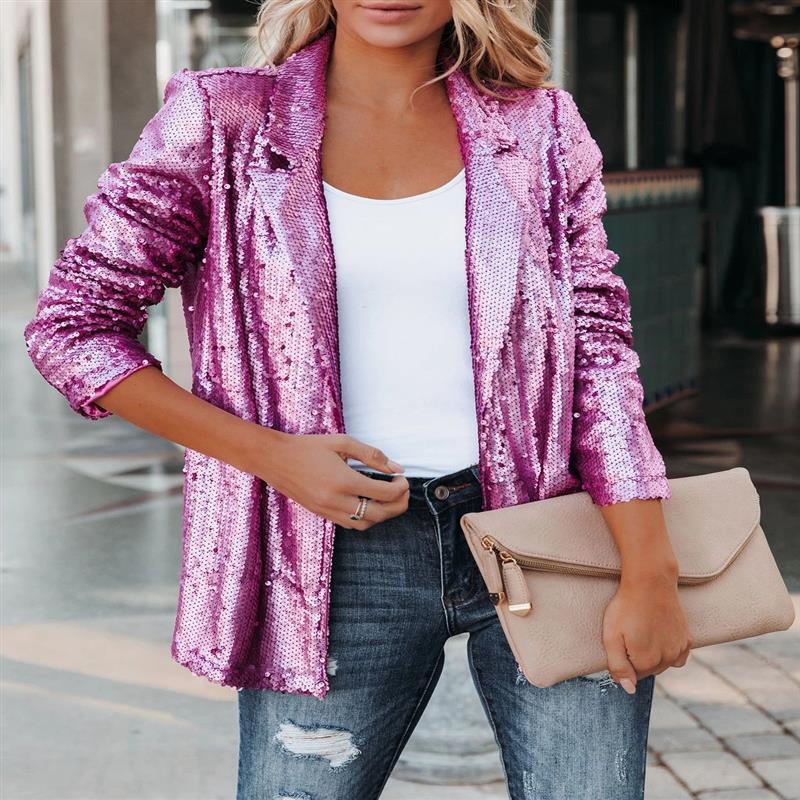 Saco Blazer Casual para Mujer con Solapa de Lentejuelas Manga Media para Primavera image 11