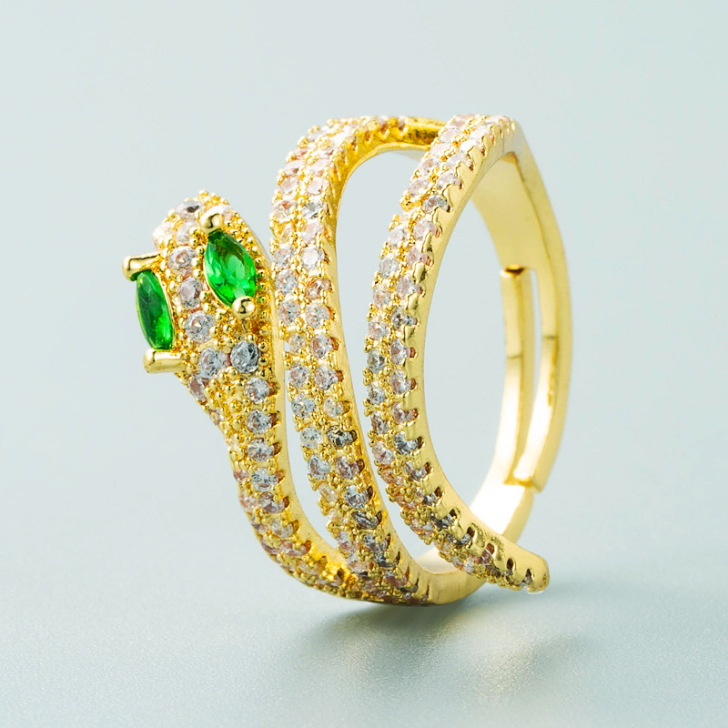 European And American Personality Snake Shape Copper Plated 18k Gold Micro Inlaid Zircon Ring display picture 4