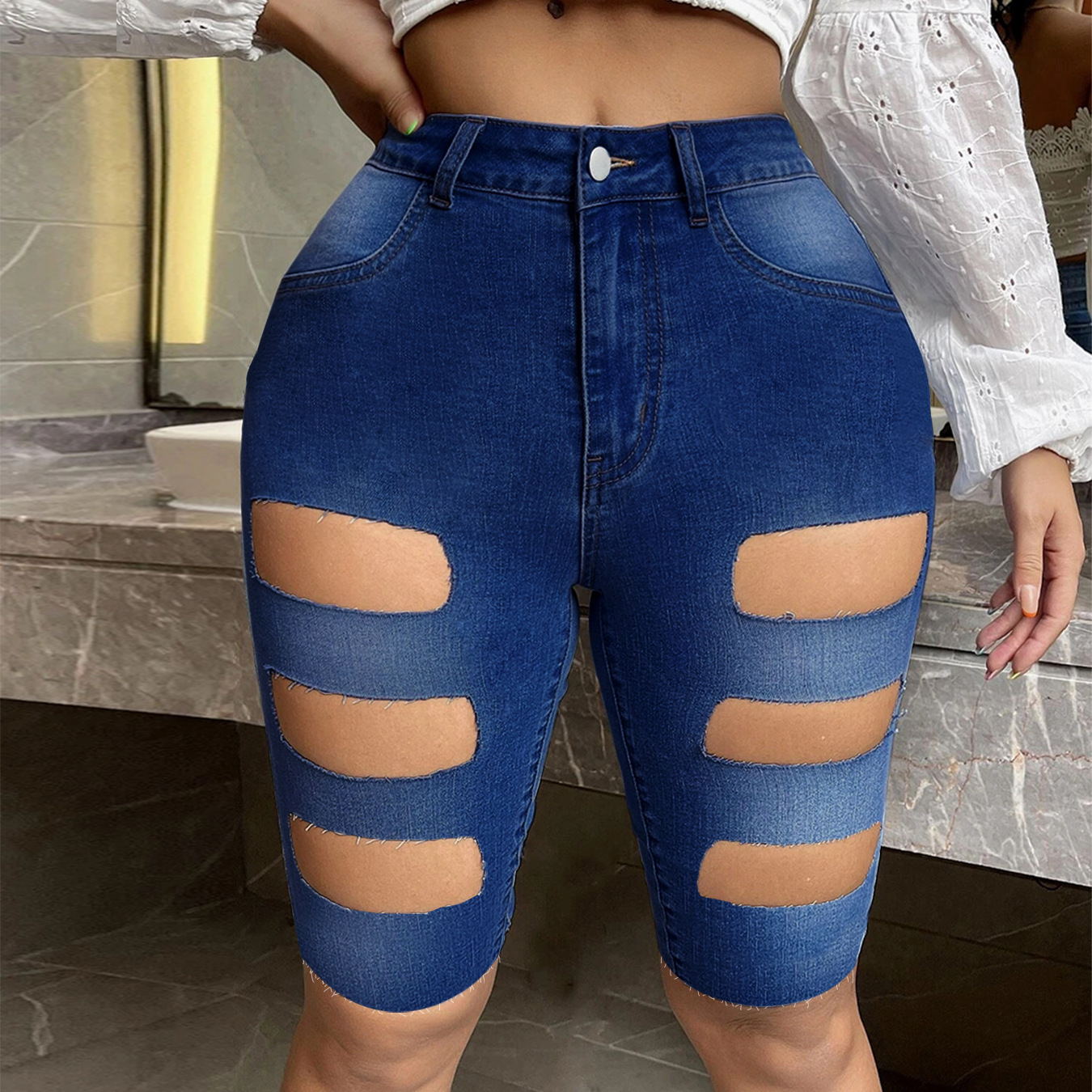 high waist ripped denim shorts NSWL118979