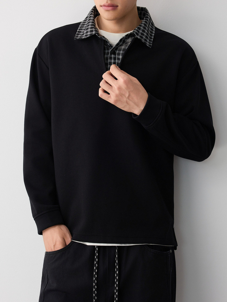 Áo hoodie nam nỉ hai lớp cổ lạnh kiểu giả hai lớp — đen chi tiết 4