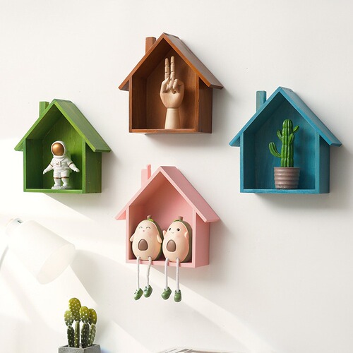 Wooden small house retro nostalgic home wall entrance decoration wall hanging wooden decoration shelf simple