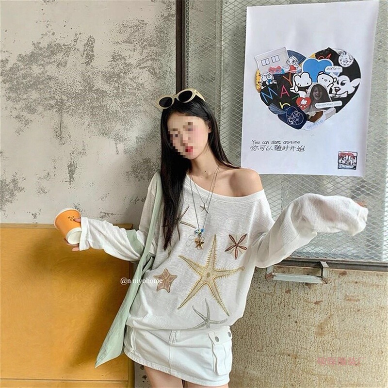 2026 Snowflake Rhinestone American Style Hot Girl Starfish Print Lightweight Semi-Sheer Sun Protection Cover-Up Casual Loose Long Sleeve T-Shirt