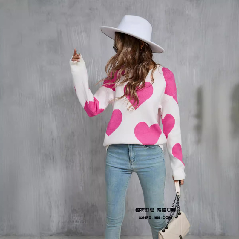 2026 Winter New European and American Women's Clothing Plus Size Cross-Border Amazon Heart-Shaped Valentine's Day Round Neck Big Heart Sweater for Women