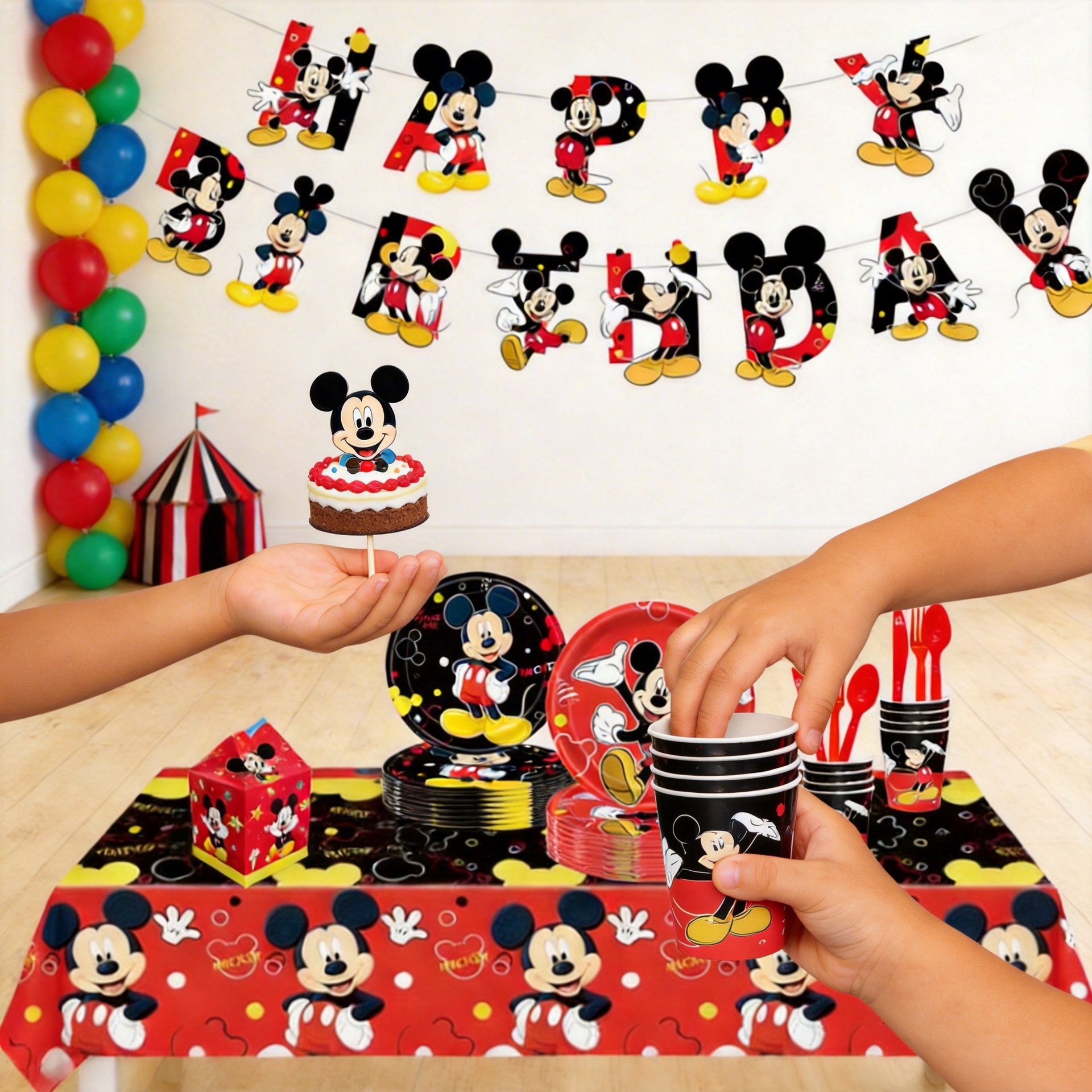 New Cartoon Mickey Birthday Party Supplies Decoration Banner Paper Plate Cupcake Insert Flag Balloon Set