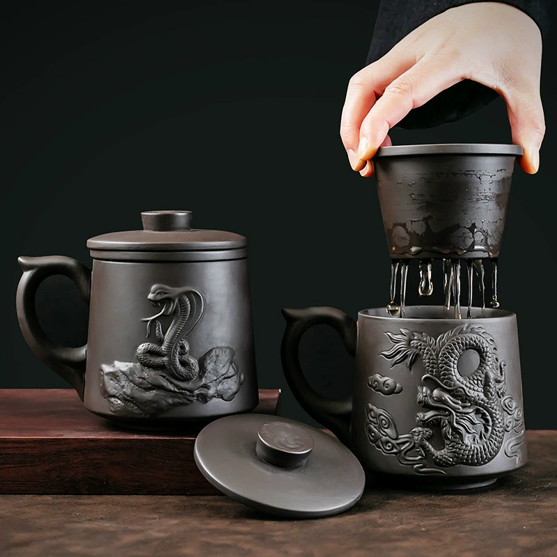 Рельеф двенадцатого зодиака фиолетовый песок офисная чашка с чайным вкладышем